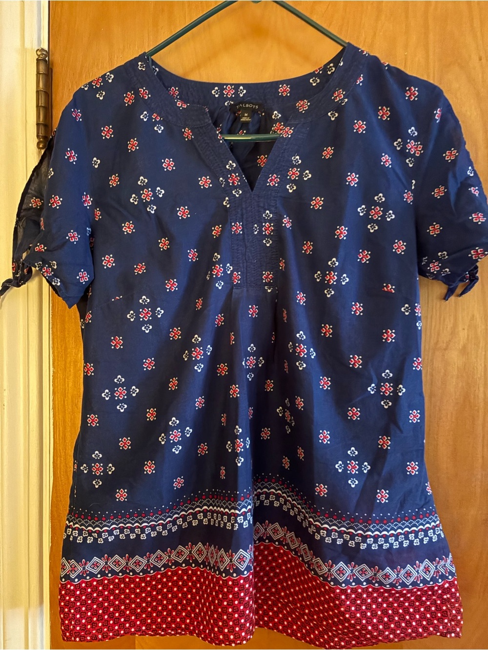 Talbots Navy Blue Short-Sleeve Printed Tunic with Red Accents